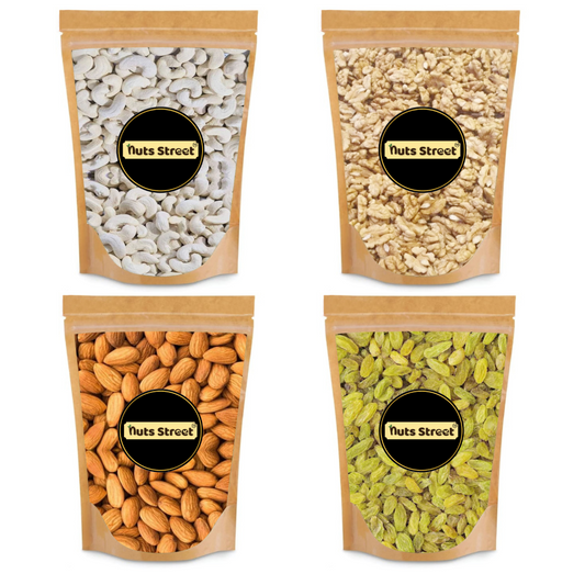 Nuts Street Dryfruits combo pack of 4 | Almonds(150g), Cashews(150g), Raisins(150g), Walnuts (150g) | Kaju Badam Kishmish Akhrot | (150g*4)